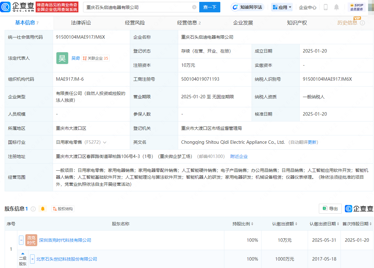 石頭科技布局新領(lǐng)域，新設(shè)電器公司涉足智能機(jī)器人銷售:電器銷售公司